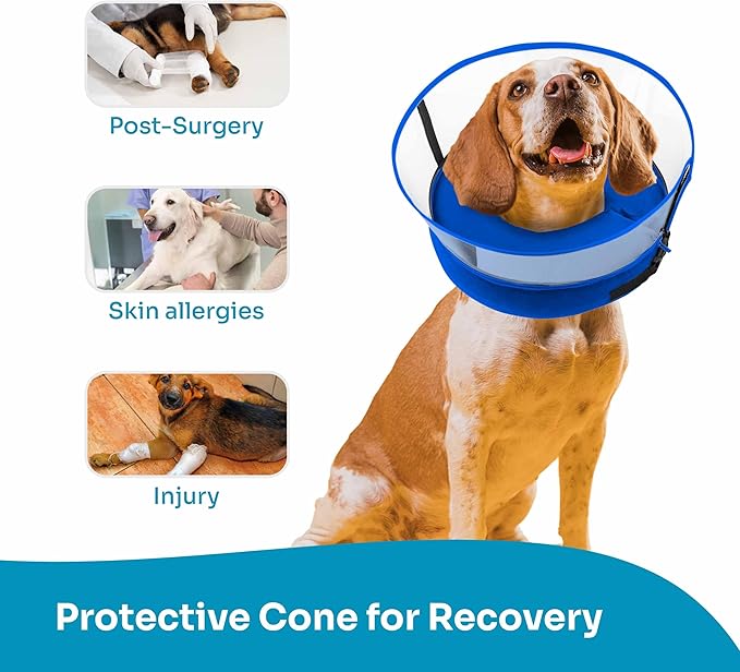 Dog Inflatable Neck Collar - Inflatable E Collar for Dogs - Comfortable Elizabethan Cone with Detachable Anti-Licking Shield - Dog Donut Cone - Doughnut for Dogs After Surgery (Blue, XL)