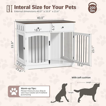 Kucreiheat 40 Inch Furniture-Style Dog Crate-Multipurpose Wood Pet Crate Furniture with Double Doors,2 Drawers, Decorative Dog House Indoor for Smal/Medium Dogs, White Finish