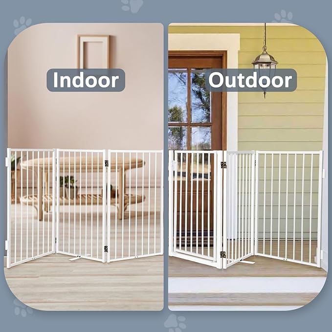 Metal Freestanding Dog Gates with Door for Outdoor Indoor,40'' Extra Wide 24'' Tall Free Standing Dog Gate for Doorways,Large Openings,Deck,Yard,Porch,Foldable Safety Pet Fence(White,2 Panels)
