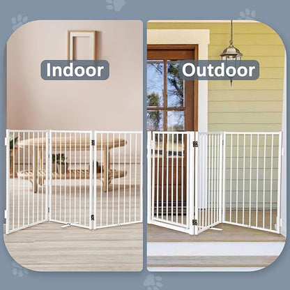 Metal Freestanding Dog Gates with Door for Outdoor Indoor,40'' Extra Wide 24'' Tall Free Standing Dog Gate for Doorways,Large Openings,Deck,Yard,Porch,Foldable Safety Pet Fence(White,2 Panels)