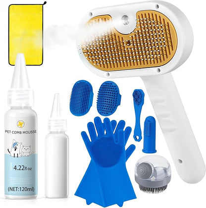 Pet Steam Brush for Dog & Cat – 3-in-1 Spray Hair Removal Comb for Shedding & Grooming, Softens Fur & Reduces Static – Water Brush for Long & Short Coats, Bath-Hating Pets, Includes Waterless Shampoo