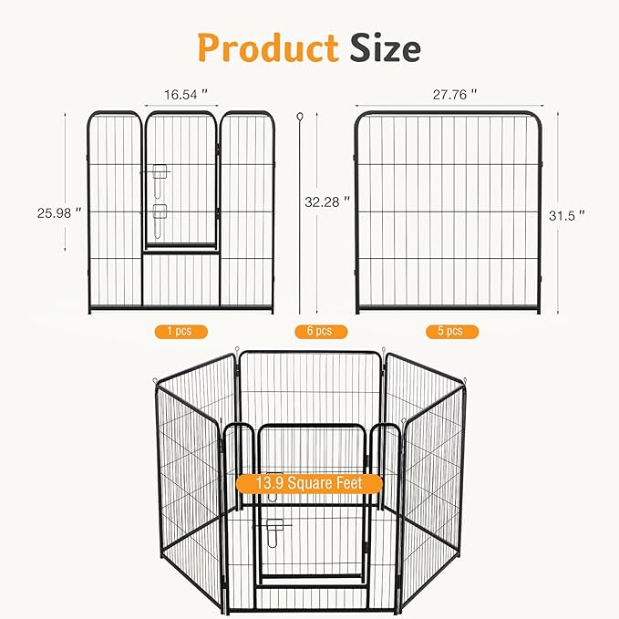 NEWBULIG Dog Playpen for Indoor 32 Inch 6 Panels - Portable Heavy Duty Metal Pet Exercise Pen with Door, Foldable Small Medium Dog Puppy Playpen Fence for Outdoor RV, Camping, Yard, Garden