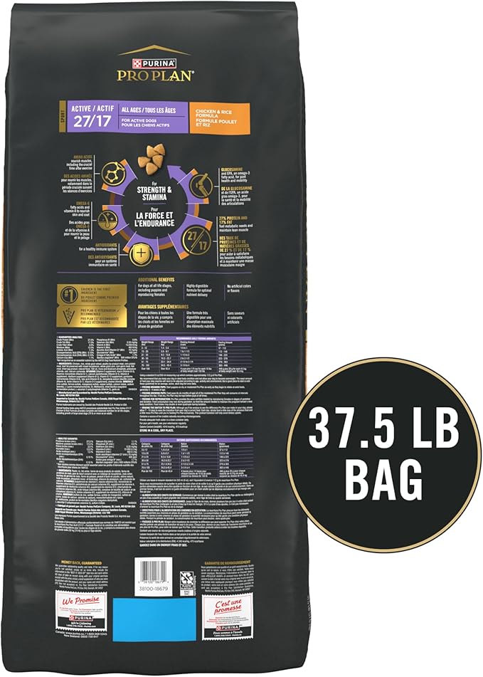 Purina Pro Plan Active, High Protein Dog Food, SPORT 27/17 Chicken and Rice Formula - 37.5 lb. Bag