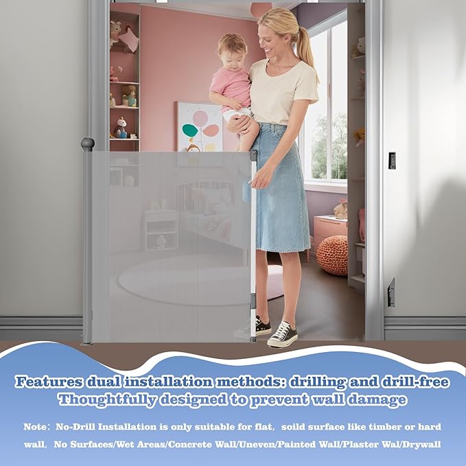 Retractable Baby Gate for Stairs Doorways - Extra Wide 55" No-Drill Pressure Mount OR Screw Mount, Space Saving Mesh Gate with No Bottom Bar Trip Hazard, for Indoor Outdoor Use with Kids, Dogs & Cats