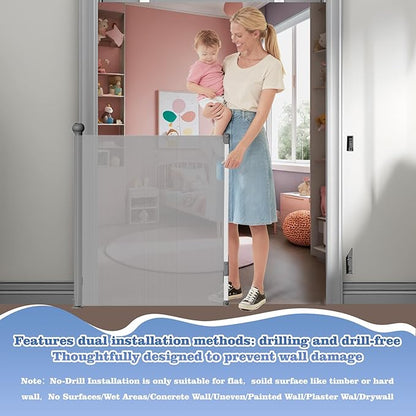 Retractable Baby Gate for Stairs Doorways - Extra Wide 55" No-Drill Pressure Mount OR Screw Mount, Space Saving Mesh Gate with No Bottom Bar Trip Hazard, for Indoor Outdoor Use with Kids, Dogs & Cats