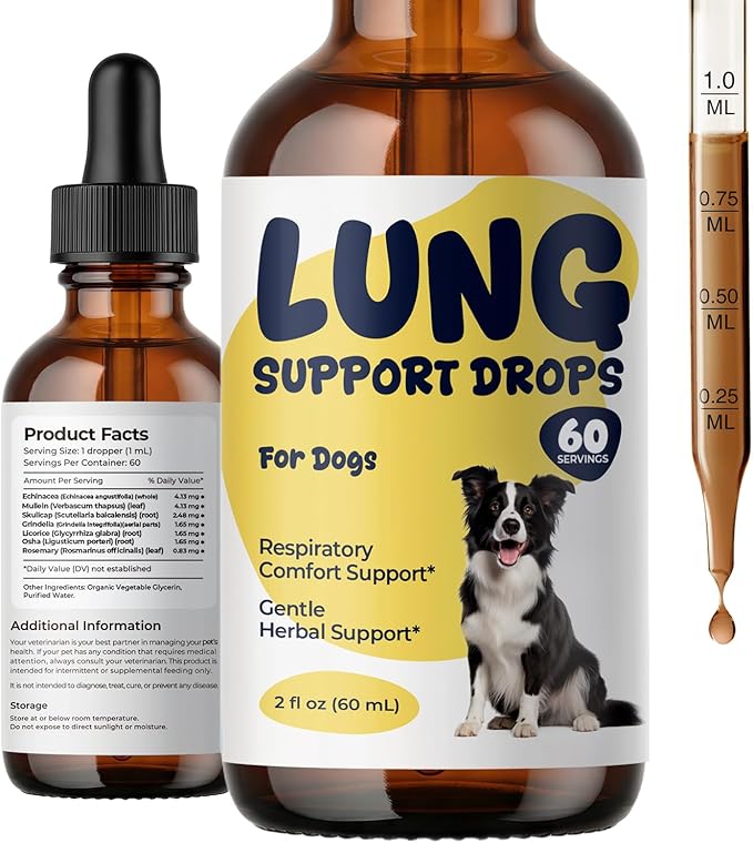 Lung Support Drops for Dogs, Herbal Respiratory Support for Coughing Dogs, Throat Comfort & Easy Breathing, Mullein Drops for Lungs with Licorice & Botanical Blend, 2 fl oz