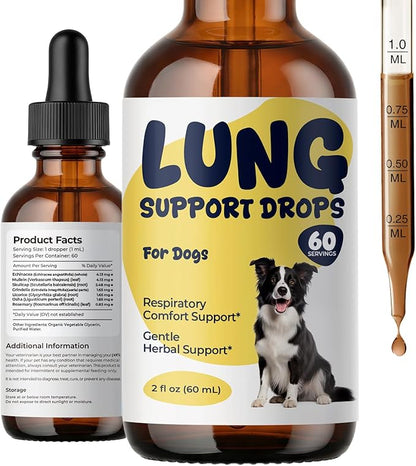 Lung Support Drops for Dogs, Herbal Respiratory Support for Coughing Dogs, Throat Comfort & Easy Breathing, Mullein Drops for Lungs with Licorice & Botanical Blend, 2 fl oz