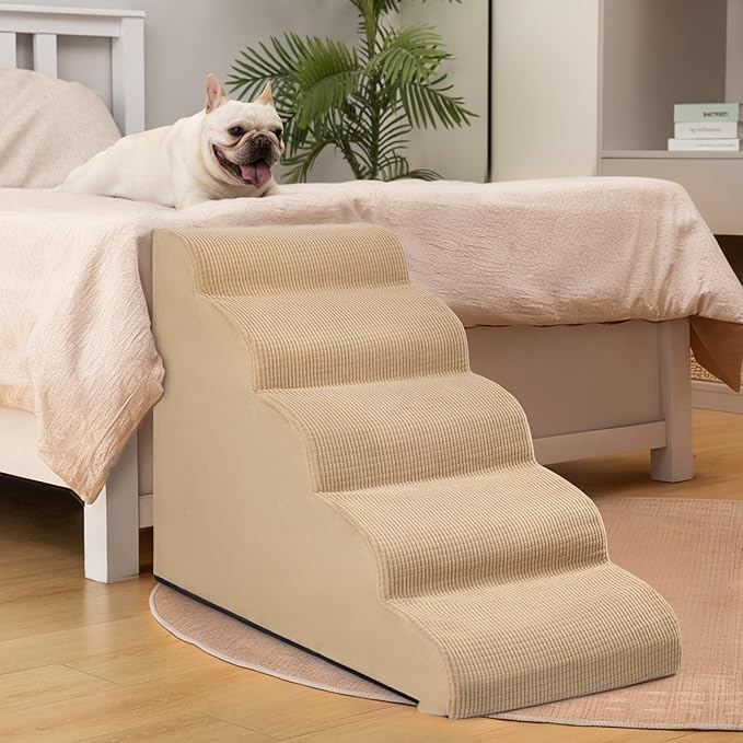 Aodisman 5-Step Dog Stairs and Ramp for High Bed, Non-Slip Sturdy Pet Steps for Small Dogs and Cats,22.2" H,Khaki