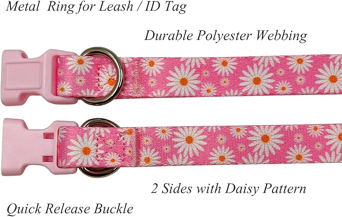 Dog Collar Leash Set, Floral Pattern, Polyester Material, Adjustable Collar and 5ft Matchcing Leash, for Large Dogs.(L, Light Pink Daisy)