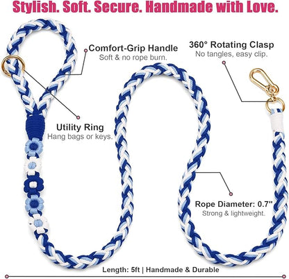 Handmade 5ft Braided Cotton Dog Leash with Unique Floral Handle, Durable and Stylish, Ideal for Small to Large Dogs,Sea Wave