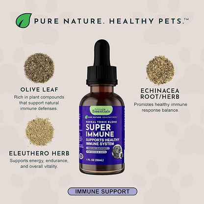 Animal Essentials Super Immune - Dog & Cat Immune Support for Puppies with Olive Leaf Extract & Echinacea, Olive Root for Dogs, Supports Respiratory Health & Overall Wellness - 2 fl oz