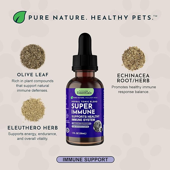 Animal Essentials Super Immune - Dog & Cat Immune Support for Puppies with Olive Leaf Extract & Echinacea, Olive Root for Dogs, Supports Respiratory Health & Overall Wellness - 1 Fl Oz