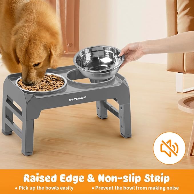 URPOWER Raised Dog Bowls 4 Height Adjustable Elevated Bowl Stand with Stainless Steel Water Bowl Non-Slip Dog Food Bowls Stand for Small Medium Large Dogs and Pets