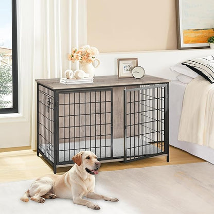 MAHANCRIS Dog Crate Furniture with Cushion, Wooden Dog Kennel with Double Doors, Heavy Duty Dog Cage for Small/Medium/Large Dogs, Indoor Dog House End Table, 39.4" L, Greige DCHG10701