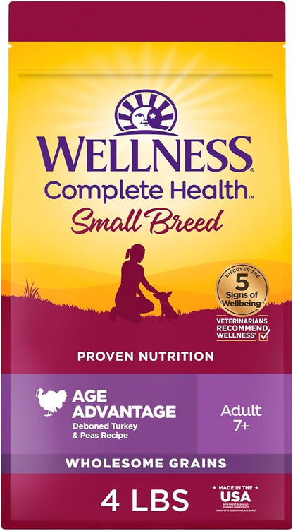 Wellness Complete Health Age Advantage Small Breed Senior Dry Dog Food, Wholesome Grain Kibble, Natural, Turkey and Peas Recipe, 4 lb Bag