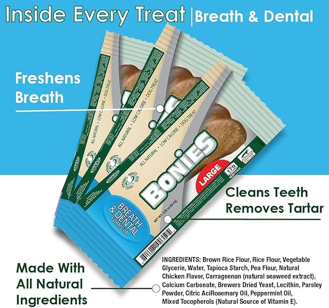 Bonies Natural Breath and Dental Formula Small-Sized Single Bone - All-Natural Ingredients, Fresh Breath, Cleans Teeth, Low Calories, Chicken Flavor, Small Dog, 1 Bone