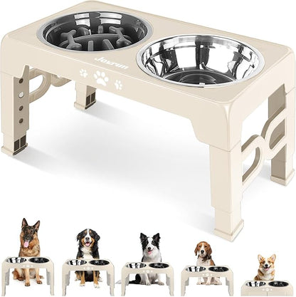 Jovrun Elevated Dog Bowls for Medium Large Size Dogs, Non-Slip Dog Feeder with 1*Stainless Steel Dishes & 1*Slow Feeder Bowl, 5 Heights Adjustable Raised Bowls to 3.15″-8.66″-9.84″-11.02″-12.2″