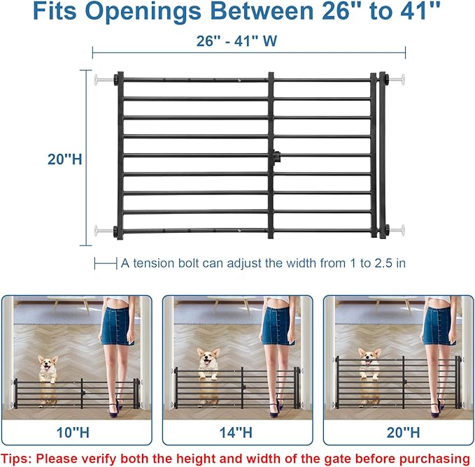 Malier Indoor Dog Gate with Door, 26-41" Extra Wide Full Metal Pet Gate Short Dog Gate for Stairs, Pressure Mount 20'' Tall Small Puppy Gate, Easy Step Over Low Gate for Doorways