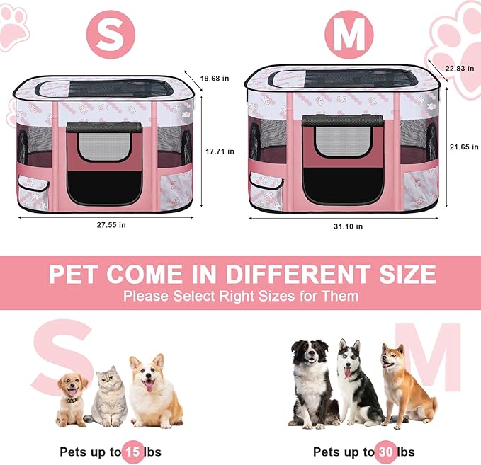 Foldable Dog Playpen Indoor,Expandable Puppy Playpen,Portable Pet Playpen for Small Animals,Waterproof Exercise Kennel Tent Crate for Travel,Camping, Home & Outdoor Use (M 31"L x 22"W x 21"H, Pink)