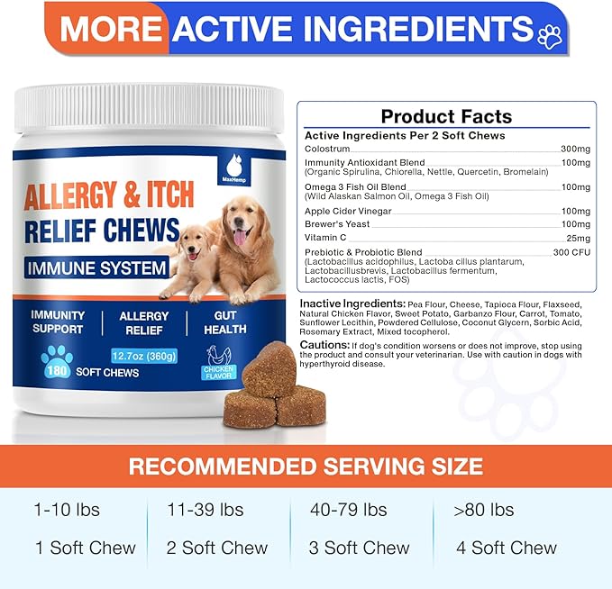 Dog Allergy Chews - Itching Skin Relief - 180 Chews Natural Dog Allergy Relief Treatment for Paw Licking, Anti-Itch, Dry Skin, Hot Spots, Allergies & Immune Support Supplement