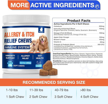Dog Allergy Chews - Itching Skin Relief - 180 Chews Natural Dog Allergy Relief Treatment for Paw Licking, Anti-Itch, Dry Skin, Hot Spots, Allergies & Immune Support Supplement