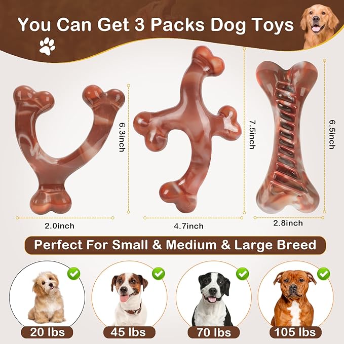 NOUGAT Indestructible Dog Toys - 3 Pack Tough Nylon Bacon Flavor Chew Toys for Large, Medium & Small Breeds