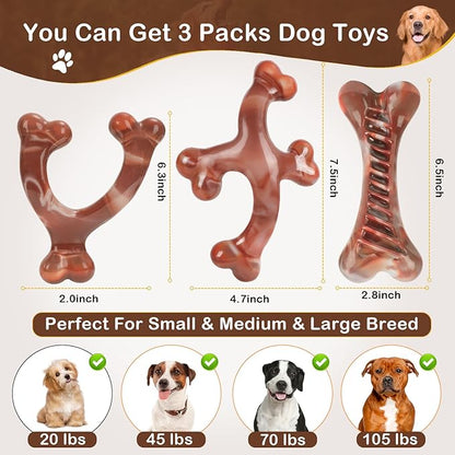 NOUGAT Indestructible Dog Toys - 3 Pack Tough Nylon Bacon Flavor Chew Toys for Large, Medium & Small Breeds