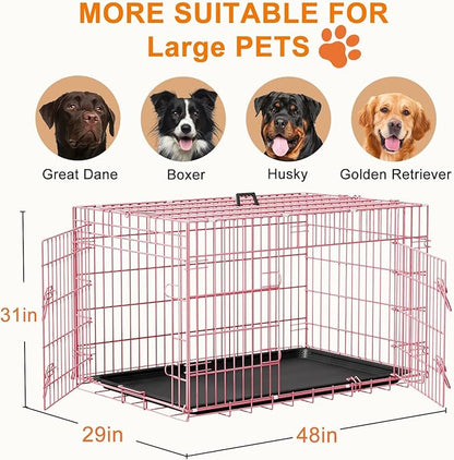FDW XL Dog Crate 48inch Dog Cage Foldable Metal Kennel with Leakproof Tray Foldable Design Indoor Outdoor Use for Extra Large Dogs,Pink