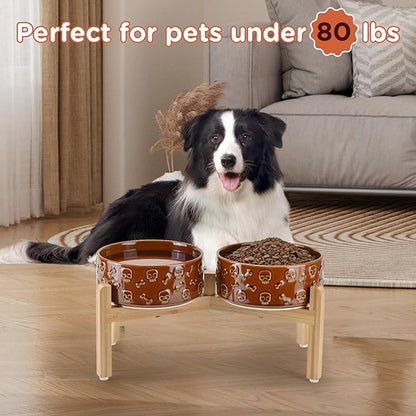 SPUNKYJUNKY Elevated Dog Bowls Ceramic, 7.3'' Dogs Food Water Bowls Raised with Non-Slip Bamboo Stand for Medium to Large Sized Breed Microwave Dishwasher Safe - 42 OZ,Skull Bronze