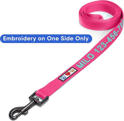 Pawtitas Personalized 6 ft Pink Dog Leash M/L Custom Name and Phone Embroidery Strong Nylon Leash for Medium and Large Breeds