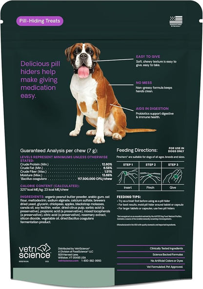 VetriScience Extra Large Pinchers Pill Hiders Chews, Non-Greasy with Probiotics for Dogs, Disguise Capsules and Tablets, Soft and Chewy, Gut and Immune Health, Peanut Butter, 45 Count