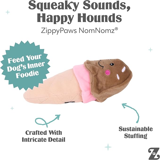 ZippyPaws NomNomz - Dog Squeaky Toys to Keep Them Busy, Funny Food Plush for Small & Medium Dogs, Cute Stuffed Puppy Toy, Pet Products, Gift for Dogs of All Breeds, Soft and Cuddly - Ice Cream