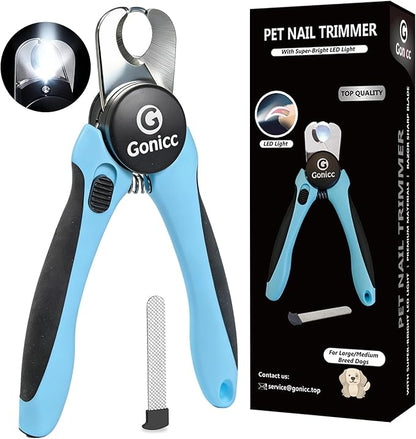 gonicc LED Pet Nail Clippers for Dogs & Cats, Light-Up Dog Nail Trimmer with Safety Lock & Built‑in File, Professional Stainless Steel Nail Clippers for Medium & Large Pets