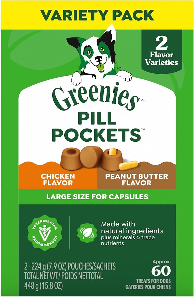 Greenies Pill Pockets for Dogs Large Size, Dog Treat Pouch for Capsule Medication, Variety Pack, 7.9 oz. Pouch