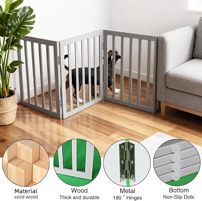 ZJSF Freestanding Indoor Dog Gate for House Foldable Wood Grey Puppy Gate for Doorways Pet Gate for Stairs Extra Wide Pet Fence 24" Height 4 Panels
