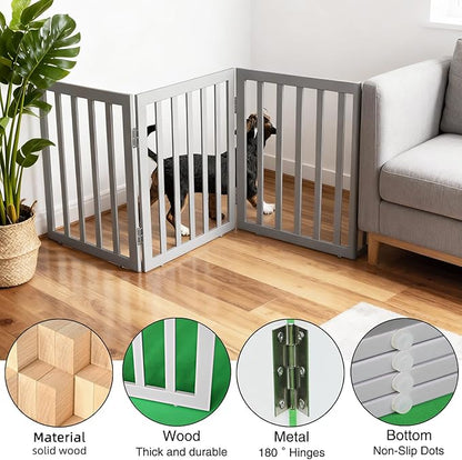ZJSF Freestanding Indoor Dog Gate for House Foldable Wood Grey Puppy Gate for Doorways Pet Gate for Stairs Extra Wide Pet Fence 32" Height 4 Panels