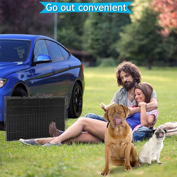 Folding Dog Crate 36" Metal Portable Outdoor Double Door Wire Large Cat Pet Dog Cage Kennel with ABS Tray LC & Divider, Black
