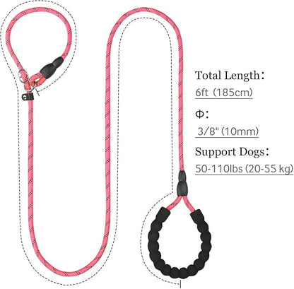 TagME 6ft Slip Dog Lead, No Pull Reflective Training Leash with Padded Handle, Professional Rope P-Leash for Small Medium Large Dogs, Heavy Duty Correction Lead for Walking & Training (Pink)