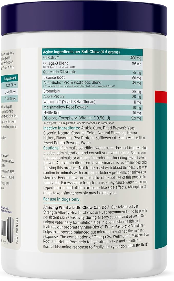 Vetnique DermaBliss Dog Allergy Chews for Seasonal Allergy Itch Relief, Skin & Gut Health with Probiotics and Omega 3 Blend - Advanced or Regular Strength (120ct, Advanced Strength Chews)
