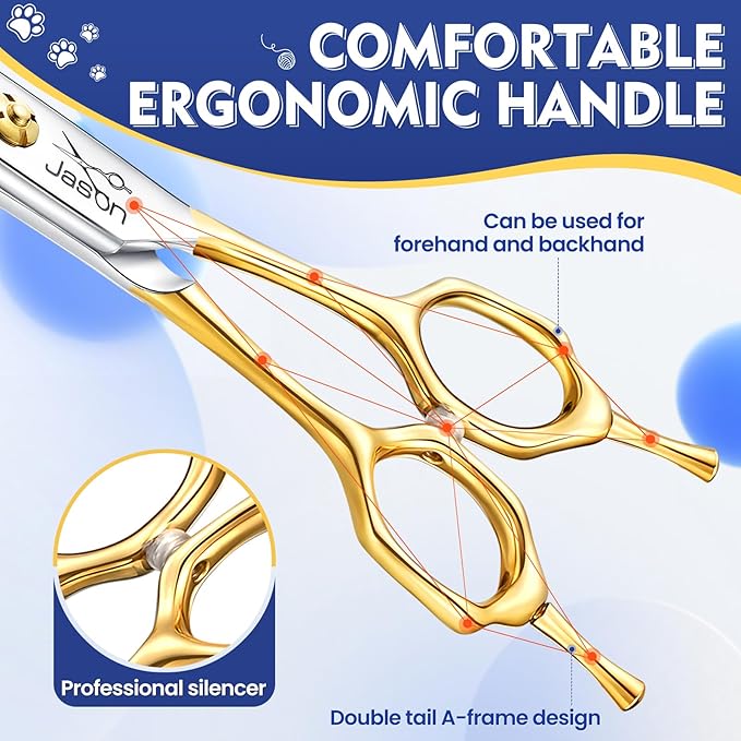 JASON Curved Thinning Dog Scissors - Ergonomic Updated Dog Grooming Shears Sharp Curved Blender 440C Stainless Steel Professional Pet Shears for Groomer 7"