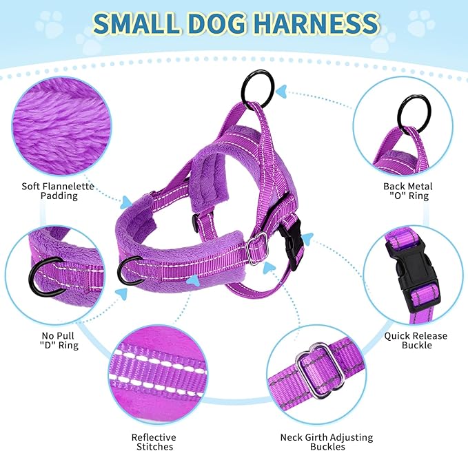 Lukovee No Pull Dog Harness and Leash Set, Soft Padded Small Dog Harness, Neck & Chest Adjustable Reflective Vest Puppy Harness with 4ft Lightweight Anti-Twist Dog Leash for Small Dogs (S, Purple)