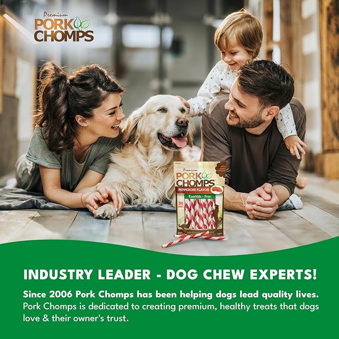 Pork Chomps Baked Pork Skin Dog Chews, 5 Inch Mini Twists, 30 Count - Pepperoni Flavor Wrap - Long-Lasting Treats for Dogs - High Protein, Rawhide-Free, Low Fat, Healthy & Delicious Chews