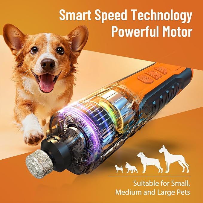 Electric Dog Nail Grinder: 5-Speed Quiet Dog Nail Trimmer with LED Light, Adjustable Safety Guard, Rechargeable Cordless Design for Small to Large Dogs & Cats(Orange)
