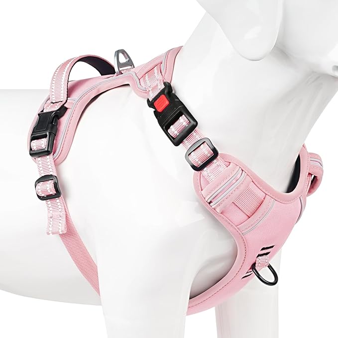 Timos Dog Harness Medium Sized, No Pull Pet Harness with Neck Lockable Snap,No Choke Front Clip Dog Reflective Vest,Adjustable Metal Rings 3 Buckles,Easy Control Handle for Medium Dogs Pink M