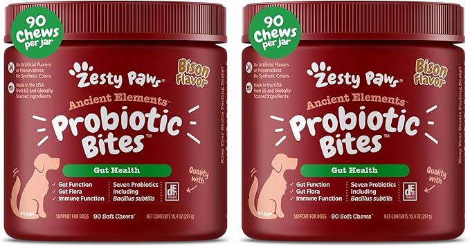 Zesty Paws Probiotics for Dogs, Digestive Enzymes Gut Flora, Digestive Health, Diarrhea & Bowel Support, DE111, Dog Probiotics Soft Chew for Pet Immune System, Chicken, 90 Ct (Pack of 2)