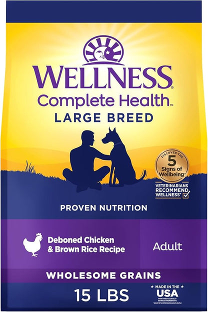 Wellness Complete Health Large Breed Adult Dry Dog Food, Wholesome Grain Kibble, Natural, Chicken and Brown Rice Recipe, 15 lb Bag