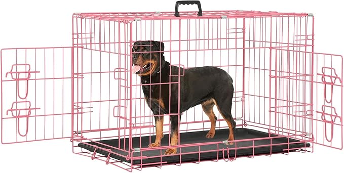 Dog Crate Dog Cage Dog Kennel Outdoor Metal Wire Double-Door Folding Pet Animal Pet Cage for Small Dog 30 inches with Double Door&Leak-Proof Pan Tray,Pink