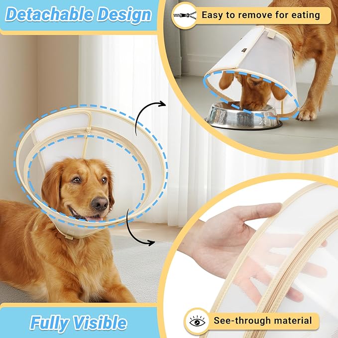 Dog Cone to Stop Licking, Clear Recovery Collar with Detachable Zipper, Sturdy Elizabethan Collar for Large Medium Small Dogs, Soft Adjustable Cone After Surgery Patented, Khaki M