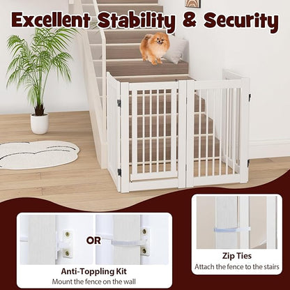 Giantex Dog Gate with Door - 30''H × 80''W Wooden Pet Gate with Walk Through Door, Foldable Freestanding 4 Panels Pet Safety Fence Extra Wide for Doorway Stairs House Deck Yard, White