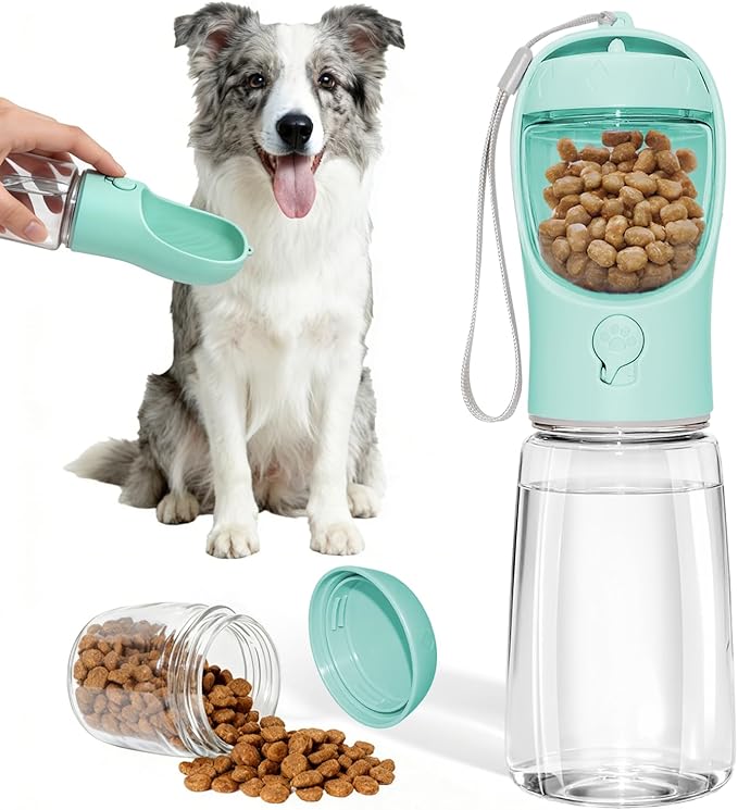 Dog Water Bottle, Portable Water Bottle with Food Container for Dogs Cat Pet Hiking Walking Travel Camping, Leak-Proof Dog Water Bowl Dispenser with Feeder Function Puppy Essentials